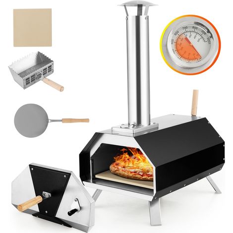 Four à Pizza Extérieur avec Pierre à Pizza 30CM, Thermomètre Intégré, Pieds Pliables, Poêle à Pizza à Granulés en Métal Inoxydable pour Camping, Pique-Nique, Fête
