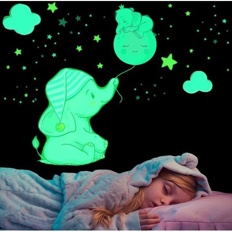 Leuchtende Elefanten-Wandtattoos, fluoreszierende Mond- und Sternen-Wandaufkleber, ablösbare phosphoreszierende Wandaufkleber, Geschenkidee für Kinderzimmer zum Selbermachen für Jungen und Mädchen (1/4)