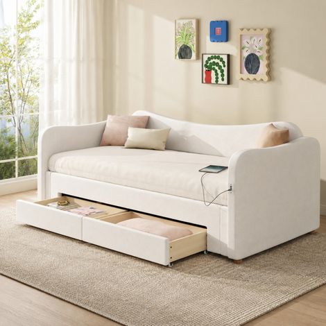 Lit gigogne rembourré 90x200 extensible 180 cm, 2 tiroirs, USB, velours beige, sommier (1/5)