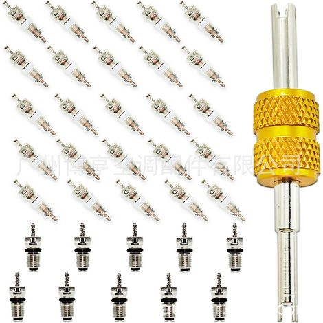 Clé multifonction pour obus de valve de climatisation automobile, permettant le démontage et l'installation des valves de pneus, des vis de purge et le remplacement des clés.
