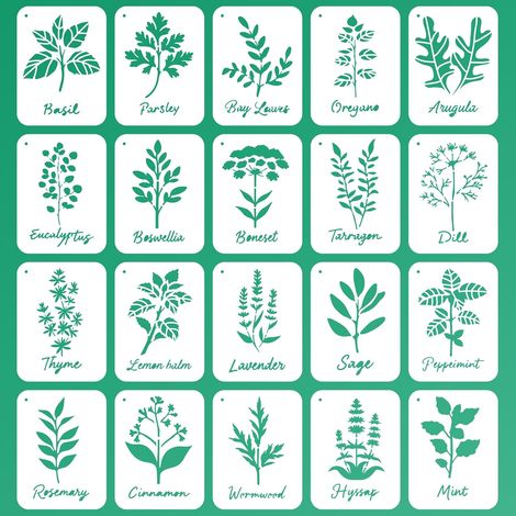 Lot de 20 pochoirs muraux à peindre à herbes - 15 x 20 cm - Réutilisables - Avec nom de plantes - Pochoirs bohèmes - Pour bois, toile, papier, tissu, sol, bricolage