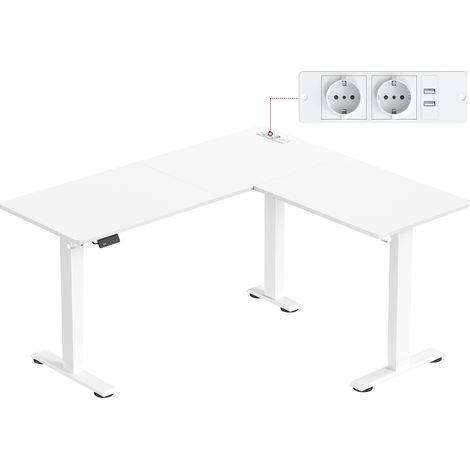 Vasagle – Bureau d'angle électrique réglable en hauteur 140 x 160 cm – Fonction mémoire 2 hauteurs – Multiprise intégrée – Cadre acier robuste – Blanc nuage
