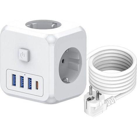KLVGTIFS PU - Multiprise USB, Prise Multiple Cube Prise Murale, 3 USB et 1 C Chargeur Prise 1.5M Rallonge avec 3 AC 4000W Multiprise Electrique (1/4)