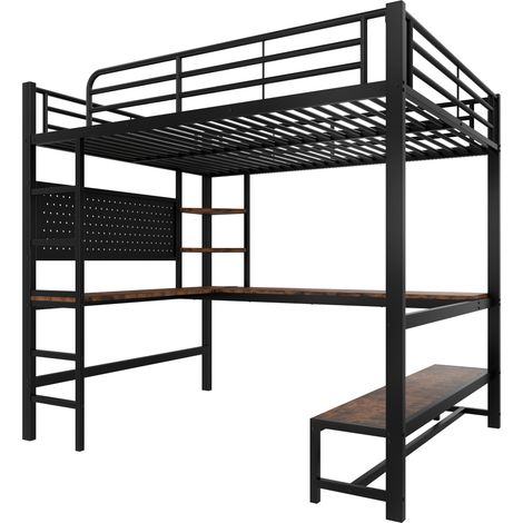 Cama alta 140 x 200 cm de metal negro con escritorio, estantes, escalera, LED y toma USB Type-C (1/5)