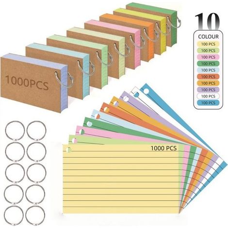 1000 fichas, 12,7 x 7,6 cm, Cuaderno de hojas sueltas con encuadernación de anillas y cubierta de papel kraft, 10 colores, Fichas portátiles (1/5)