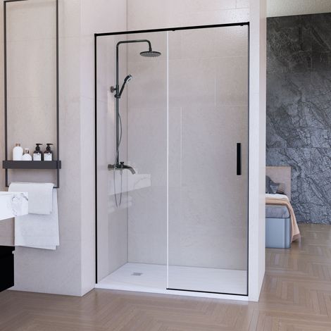 Mampara Ducha Frontal Corredera Lux Fijo+Puerta-Ancho 150cm-Acabado Negro Mate-200cm Alto-Cristal templado 6mm antical-Cierre Reversible con Freno (1/5)