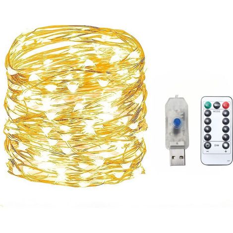 Guirlande lumineuse LED, 1 paquet, alimentée par piles, fil de cuivre étanche, avec télécommande, pour chambre à coucher. Guirlande lumineuse de Noël Lucioles, 8 modes (10,8 m, blanc chaud) (1/4)
