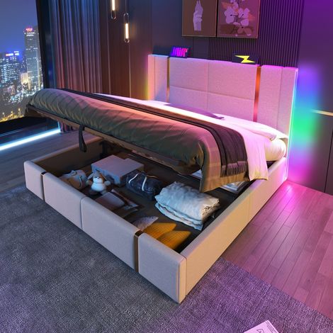 Lit double 160x200 lin beige, USB-C/APP, LEDs, rangement, tête rembourrée et sommier bois (sans matelas) (1/5)