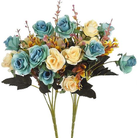 Fleurs artificielles, 2 roses artificielles en plastique, plantes pour la décoration de tables de mariage, d'hôtels et de maisons. Vert paon (1/4)