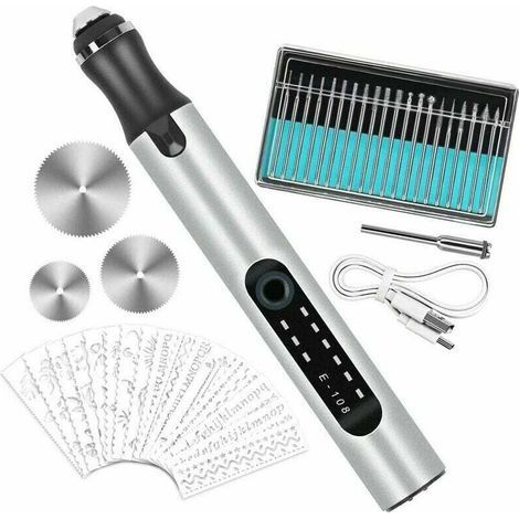 Stylo graveur électrique multifonctionnel, mini stylo graveur rechargeable par USB, avec 20 forets et 16 gabarits pour le bricolage, la bijouterie, le métal, le verre, la pierre, le plastique et le bo (1/3)