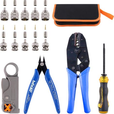 Kit d'outils de câble coaxial Connecteur Coax Outil de sertissage + dénudeur coaxial + sertissage Connecteurs mâles + Coupe-fil + Tournevis pour RG-58, 59, 62, 8x, 141, 200, 240 (1/5)