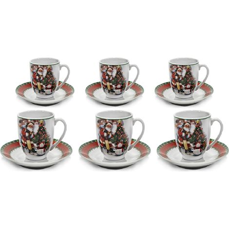 Servizio di Tazzine da Caffè con piattino completo per 6 Persone Natalizio Festa in Porcellana  albero Babbo Natale e Pupazzo di Neve In Scatola Regalo