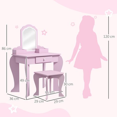 Ensemble coiffeuse pour filles (avec miroir de maquillage, tabouret en bois, tiroir et rangement), rose (1/5)