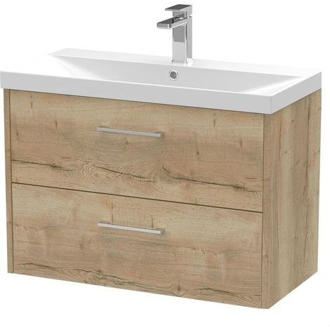 Winshill Contemporary 2 Drawer Wall Hung Vanity Unit with Thin Edge Basin, Light Oak, 800mm