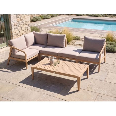 Sofá modular esquinero de jardín madera de acacia con mesa de centro 5 plazas estructura de madera con cojines beige marrón claro Rivello (1/5)