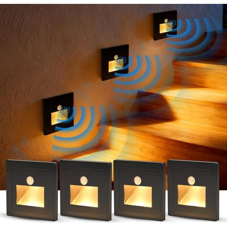 LED Eclairage Escalier avec Détecteur de Mouvement Encastré Étape Lumière Lampe 220V Blanc Chaud 3000K Applique Murale 3W D’intérieur 85x87MM Encastré Escalier Carré pour Chambre (Noir,4Pcs) (1/5)