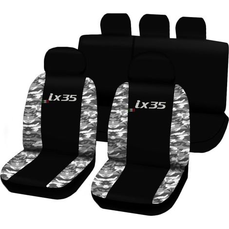 Lupex shop - Coprisedili Auto Compatibili per IX35, Made In Italy, set di copri sedili anteriori e posteriori con copri poggiatesta incluso, tessuto poliestere, colore - Nero - Mimetico Chiaro (1/3)