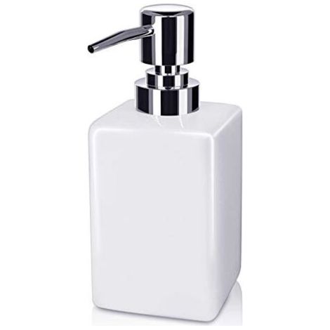 Distributeur de savon en céramique, élégant flacon pompe décoratif blanc avec pompe en acier inoxydable pour salle de bain et cuisine (320 ml)-AquaForge (1/5)