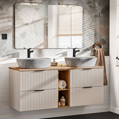 Waschplatz Set mit 140cm Waschtisch, 2-teilig, in Beige und Eiche, ADELAIDE-56-CASHMERE (1/5)