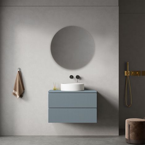 Mobile bagno sospeso cannettato 80 cm Blu Avio per Lavabo d'appoggio Specchio Tondo - Fiji Paint Top Canneté (1/4)