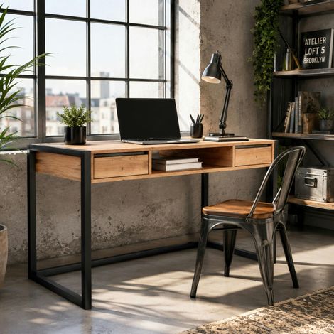 Bureau de chambre effet bois 2 tiroirs 1 niche ALVA (1/5)