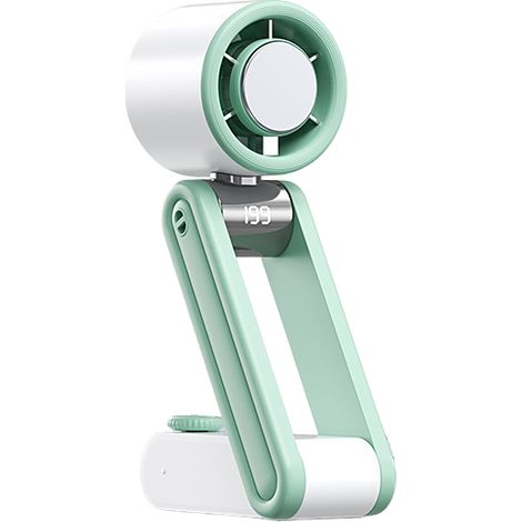Ventilador portátil plegable, 3 en 1 (portátil, con correa para el cuello, de escritorio), con pantalla digital, ideal para actividades al aire libre (blanco-verde). (1/5)