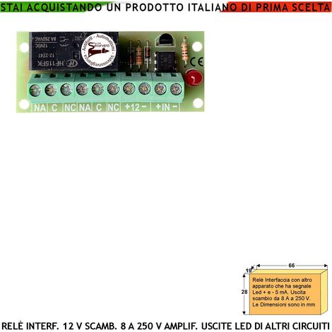 Led 5 mA Trasformata in Relè 12 V 2 Scambi 8 A a 250 V Interfaccia Per Circuiti Separati Attività Segnalata da Led Optoisola ed Evita Effetto Ratio Fornisce Uscita Contatto Libero a Carico Resistivo
