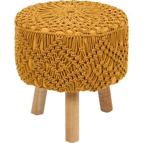 Footstool Beige Cotton Seat Wooden Legs 40 x 40 x 44 cm Handmade Macramé Boho Style Home Accessory MANZAI (1/5)