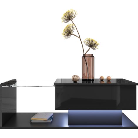 Table basse noire brillante avec verre et LED (1/5)