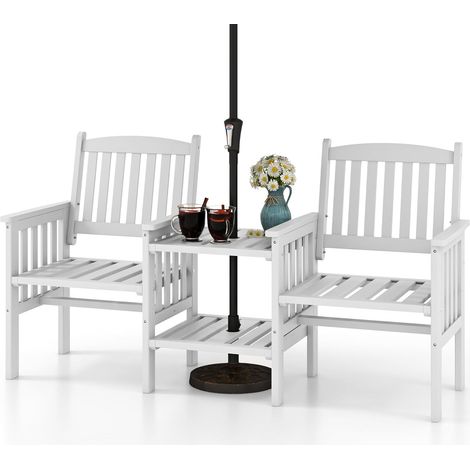 COSTWAY Set Tavolo e Sedie da Giardino con Foro per Ombrellone, Set di Mobili a 2 Posti in Legno Abete, Tavolino a 2 Ripiani, Sedia Portata 150 kg, Tavolino Portata 30+30 kg (1/5)