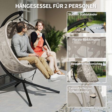 Fauteuil suspendu double, nacelle pliable avec grand coussin, teinte sable, 130x103x172 cm (1/4)
