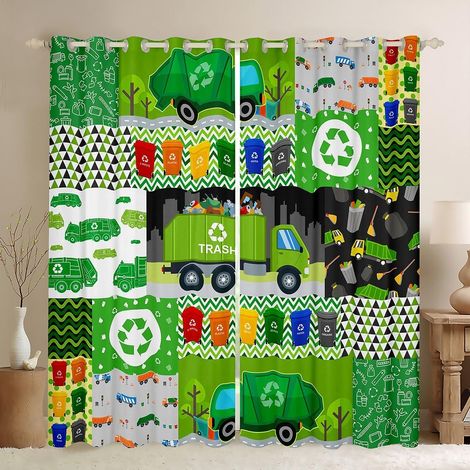 Lot de 2 rideaux de camion poubelle de dessin animé pour fenêtres, rideaux colorés de voitures vertes mignonnes pour salon, aquarelle, rayures abstraites, art géométrique, 2 panneaux, 117 x - 46W54L i (1/5)