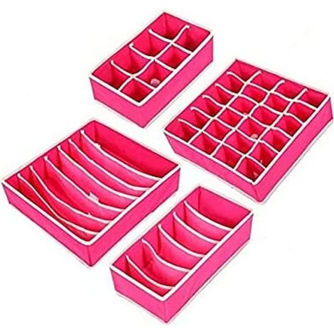 Ensemble de quatre boîtes de rangement pour sous-vêtements rose rouge - tissu non tissé + panneau PP (1/5)