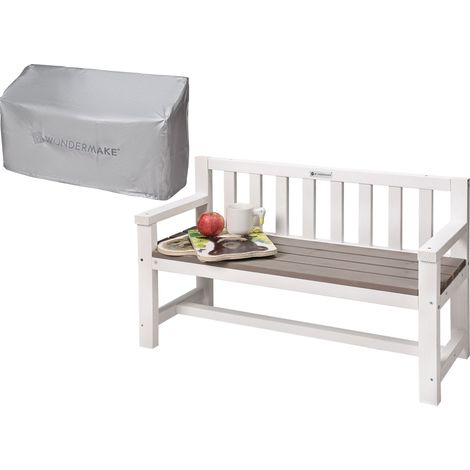 WONDERMAKE® Design Kinder-Gartenbank aus Holz wetterfest mit Textil-Abdeckung und Lehne, 2-Sitzer Kinderbank Holzbank Parkbank Kinder Sitzbank massiv Garten Outdoor, Naturholz, weiß grau anthrazit