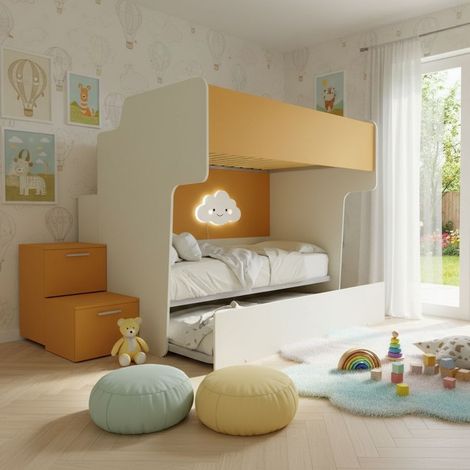 Letto a castello salvaspazio con rete superiore da una piazza e mezza e scala laterale - Ecru e Zolfo (1/5)