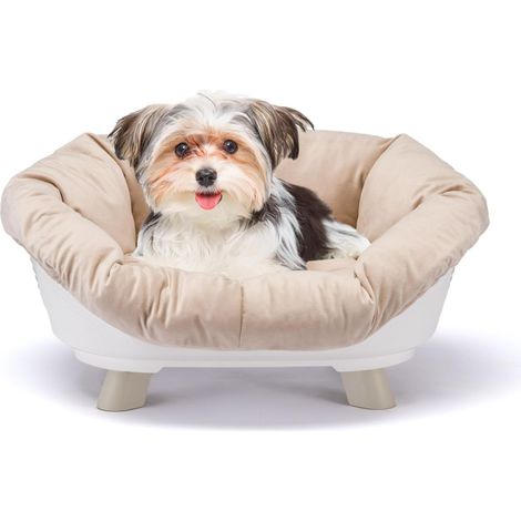 Panier Chien Panier Chat avec Coussin, Lit pour Chien en Plastique Recyclé, Lit Chat Lavable, Lit sureleve Chiens, Corbeille Respirant Antidérapant, 64 x 48 x h 29,5 cm, Blanc (1/5)