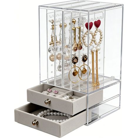Boîte de rangement verticale transparente en PS avec tiroirs pour boucles d'oreilles, bracelets et colliers. (1/5)