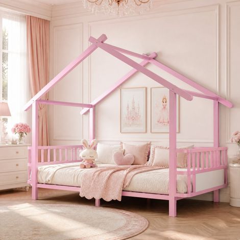 Cama infantil tipo casa 215x96x168.5 cm, con barandillas de seguridad, estructura metálica, rosa (1/5)