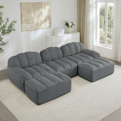 Canapé Modulaire en U 3 Places avec 2 Poufs, Design Sans Cadre en Mousse 32D Haute Densité, Assise Profonde, Tissu Doux, Gris (1/5)