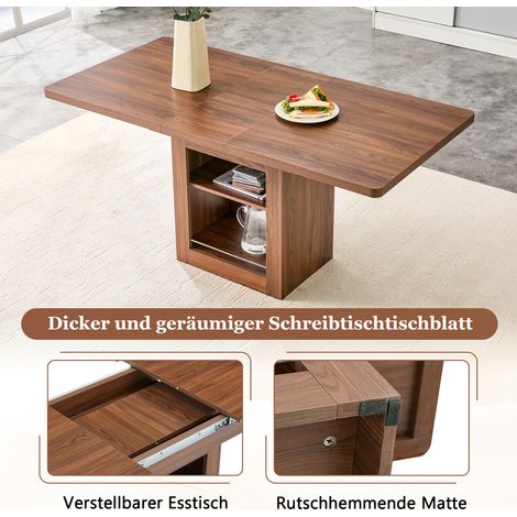 Table à manger extensible en bois de noyer avec rangement, table de cuisine gain de place pour 4 à 8 personnes, table escamotable à glissières métalliques (1/5)