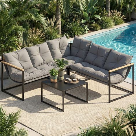 Conjunto de Jardín Exterior con Cojines Gruesos 2 Sofás de 2 Plazas Sofá de Esquina y Mesa de Centro de Vidrio Gris