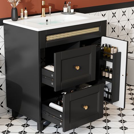 Meuble vasque salle de bain noir en MDF avec vasque céramique, 2 tiroirs silencieux, portes à fermeture douce, pieds bois et touches dorées  CHICFURN (1/5)