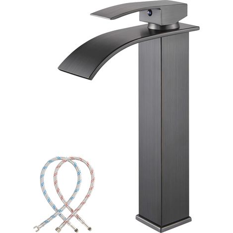 Moderne Wasserfall-Waschtischarmatur, graue Mischbatterie mit Auslauf, 232 mm Höhe, quadratischer Auslauf, Warm- und Kaltwasseranschluss, erhältlich mit 3/8"-G-Anschluss