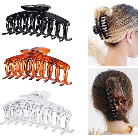 Pince de Griffe de Cheveux en Plastique, 3 Pièces Clip de Griffe de Cheveux Femme Antidérapante, 11 cm Grand Clips Pinces à Griffes Épaisses, Non Slip Clips Accessoires, Noir, Marron, Transparent (1/5)