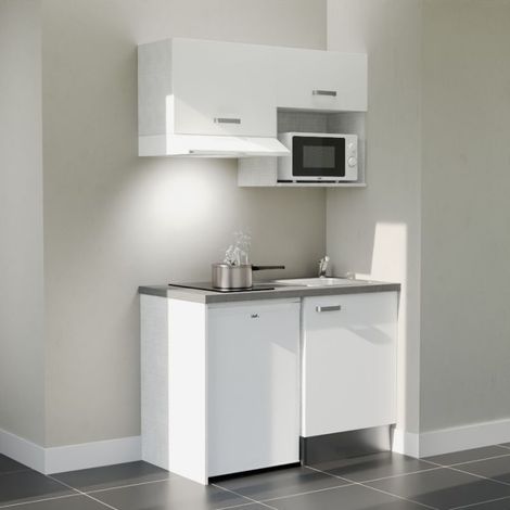 Kitchenette K02L-PT - 120 cm - plan stratifié, évier inox, - Façade Blanc - Plan Gris béton - Evier Inox - Crédences Non + Electroménager inclus coloris Blanc