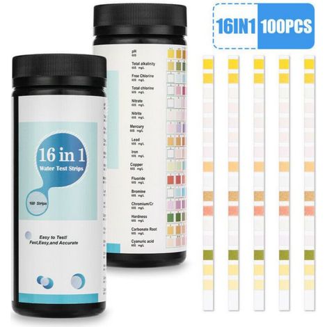 Bandes De Test - 16 En 1 Pour pH Chlore Total Chlore Libre Alcalinité Dureté Acide Cyanurique - Piscine Spa Aquarium Eau Potable - 100 Pièces (1/5)