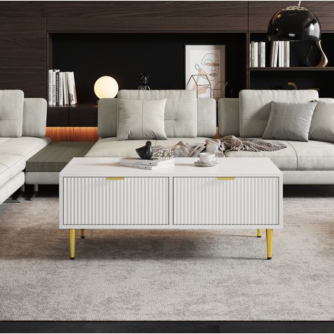 Mesa de centro 100x50x40 cm blanca y dorada en MDF con 2 cajones y diseño acanalado (1/5)