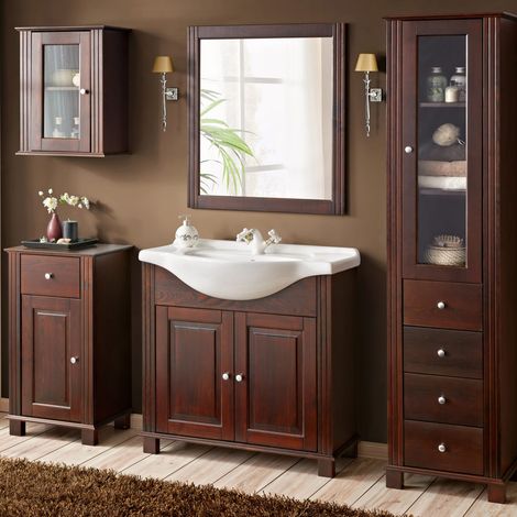 Landhaus Badmöbel Komplett Set inkl. 85 cm Keramik-Waschtisch AVEIRO-56, Pinie Massivholz braun, B/H/T ca. 237/180/49cm (1/5)