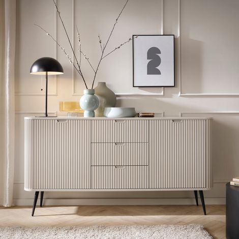Commode MORDEN KSZ168 - Cachemire - Fronts rainurés - 3 tiroirs - Largeur 168 cm, Hauteur 87 cm, Profondeur 39 cm