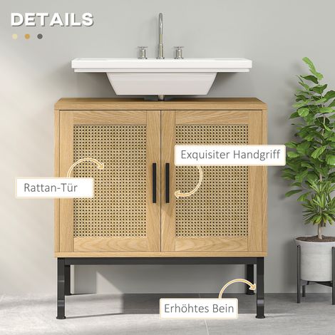 Meuble sous vasque en chêne avec rangement, armoire de salle de bain à façade rotin, 60 x 39 x 60 cm, avec protection anti-bascule (1/5)